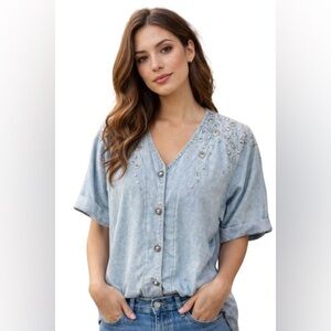 Vintage 90s Studded Denim Shirt • Light Wash Button Up